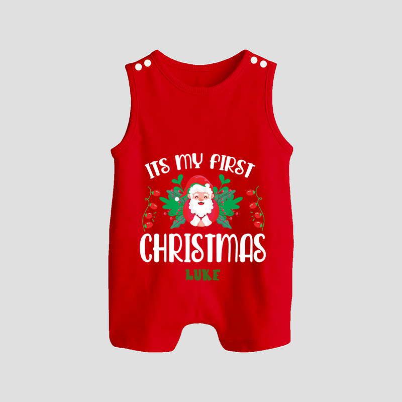 "Its My First Christmas" Themed Customized Romper Suit With Name For Babies - RED - 0 - 5 Months Old (Chest 18")