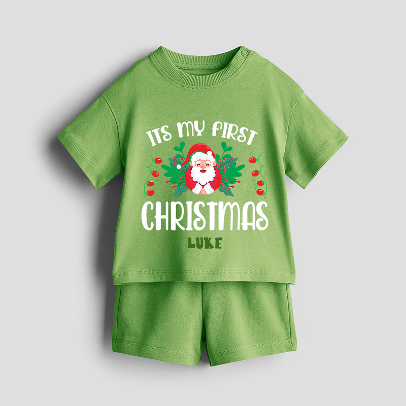 "Its My First Christmas" Themed Customized Co-ord Set With Name For Kids - KIWI GREEN - 0-5 months old  (Chest 18")