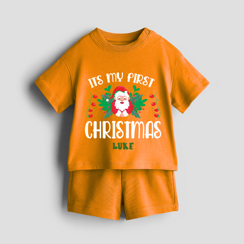 "Its My First Christmas" Themed Customized Co-ord Set With Name For Kids - TANGERINE - 0-5 months old  (Chest 18")