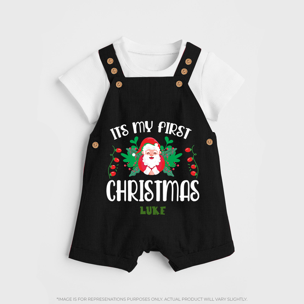 "Its My First Christmas" Themed Customized Dungaree Set With Name For Babies - BLACK - 0 - 5 Months Old (Chest 18")