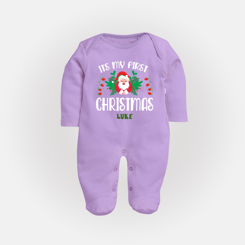 "Its My First Christmas" Themed Customized Sleep Suit With Name For Babies - LILAC - New Born (Chest 7.5")