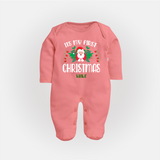 "Its My First Christmas" Themed Customized Sleep Suit With Name For Babies - PEACH - New Born (Chest 7.5")