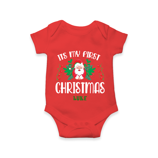 "Its My First Christmas" Themed Customized Romper With Name For Babies - RED - 0 - 3 Months Old (Chest 16")