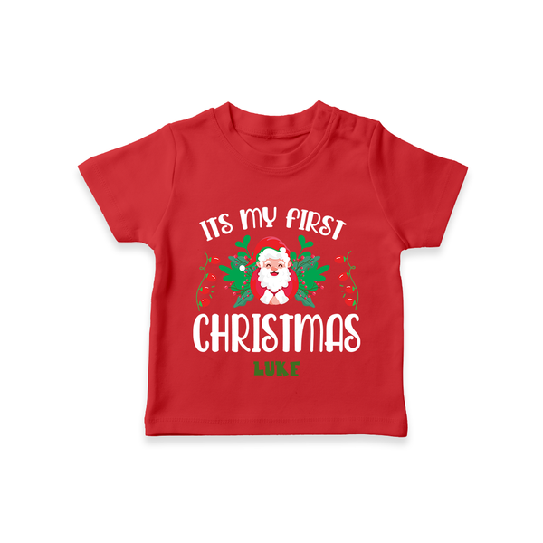 "Its My First Christmas" Themed Customized T-Shirt With Name For Babies - RED - 0-5 Months Old (Chest 17")