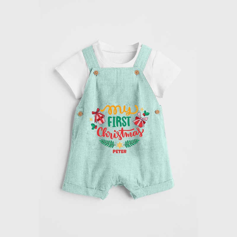 My First Christmas Themed Custom-Made  Dungaree Set For Babies With Name  - ARCTIC BLUE - 0 - 5 Months Old (Chest 18")