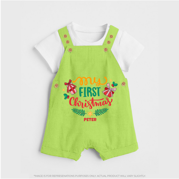 My First Christmas Themed Custom-Made  Dungaree Set For Babies With Name  - GREEN - 0 - 5 Months Old (Chest 18")