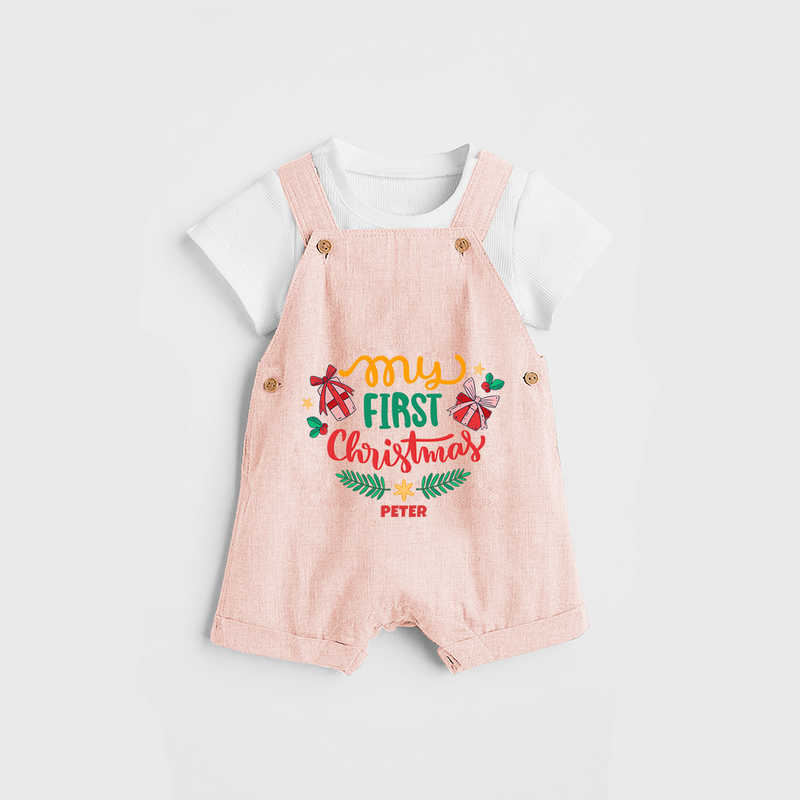 My First Christmas Themed Custom-Made  Dungaree Set For Babies With Name  - PEACH - 0 - 5 Months Old (Chest 18")