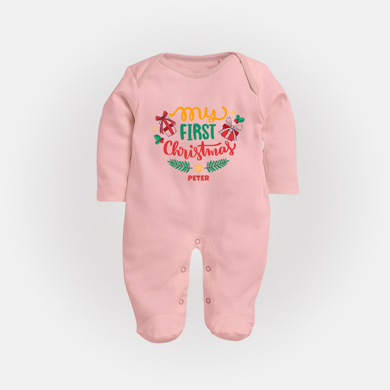 My First Christmas Themed Custom-Made  Sleep Suit For Babies With Name  - BABY PINK - New Born (Chest 7.5")