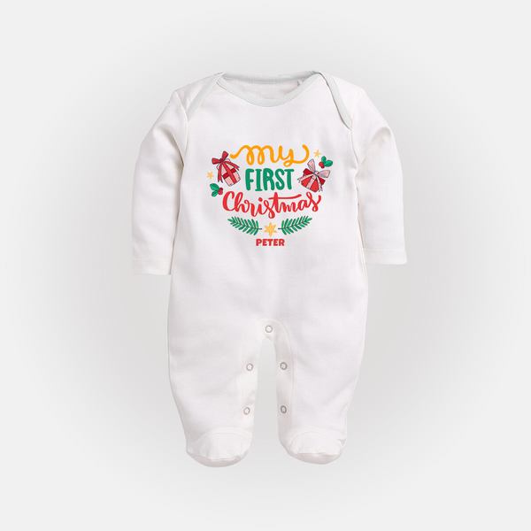 My First Christmas Themed Custom-Made  Sleep Suit For Babies With Name  - WHITE - New Born (Chest 7.5")