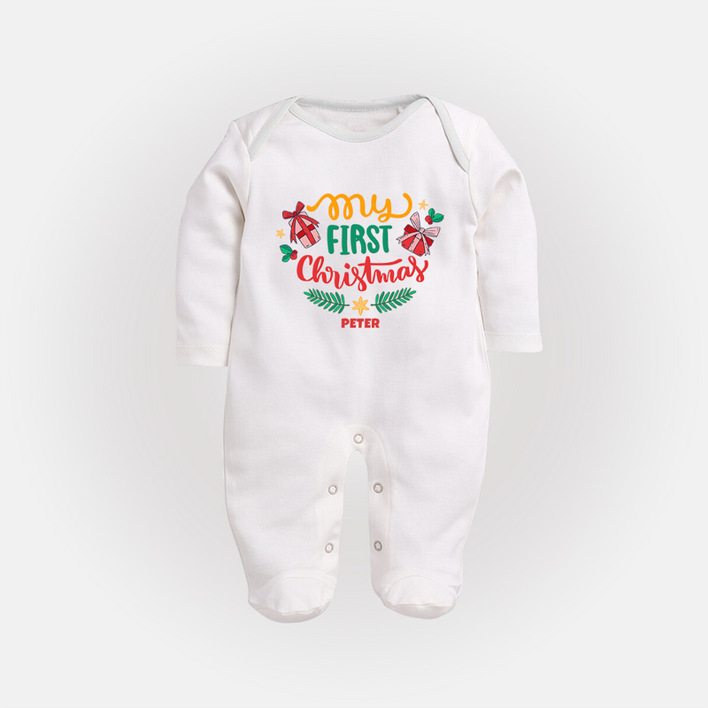 My First Christmas Themed Custom-Made  Sleep Suit For Babies With Name  - WHITE - New Born (Chest 7.5")