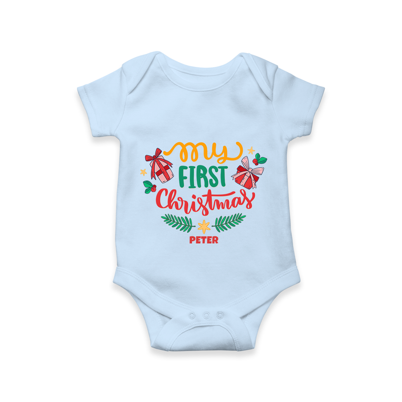 My First Christmas Themed Custom-Made  Romper For Babies With Name  - BABY BLUE - 0 - 3 Months Old (Chest 16")