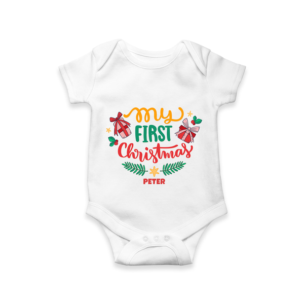 My First Christmas Themed Custom-Made  Romper For Babies With Name  - WHITE - 0 - 3 Months Old (Chest 16")