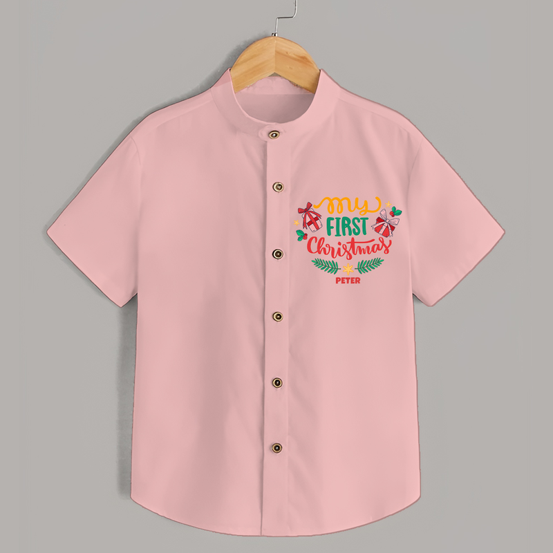 My First Christmas Themed Custom-Made  Shirt For Kids With Name  - PEACH - 0 - 6 Months Old (Chest 23")