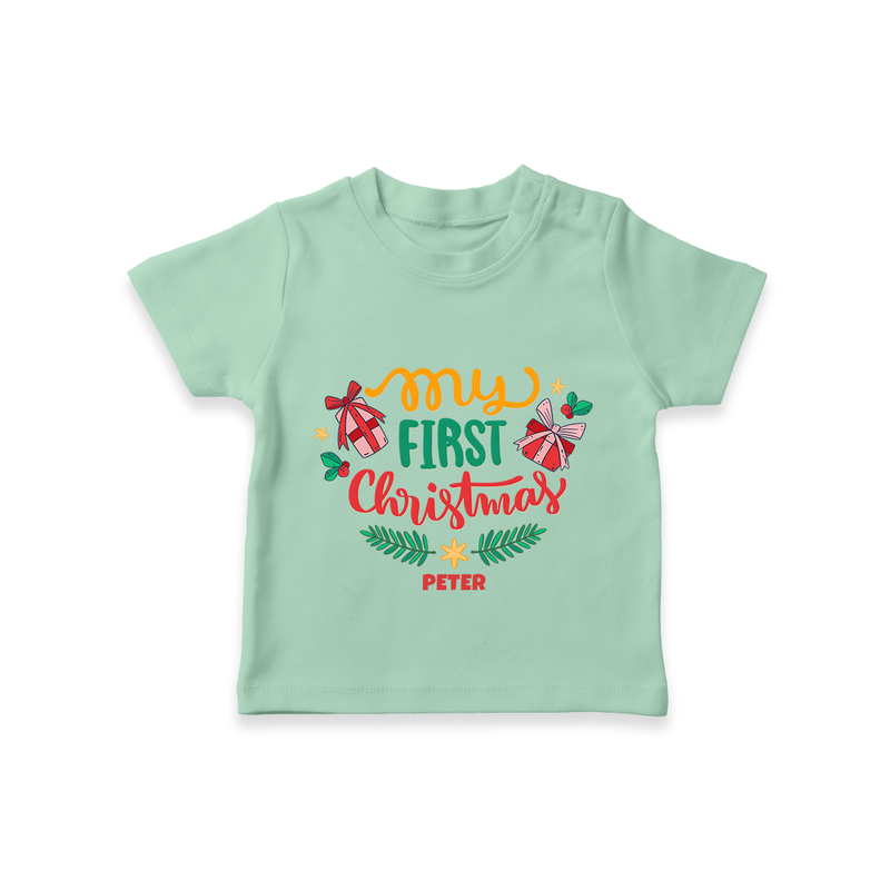 My First Christmas Themed Custom-Made  T-Shirt For Babies With Name  - MINT GREEN - 0-5 Months Old (Chest 17")