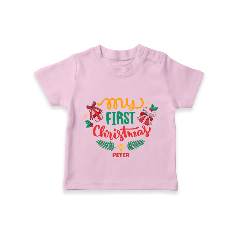 My First Christmas Themed Custom-Made  T-Shirt For Babies With Name  - PINK - 0-5 Months Old (Chest 17")