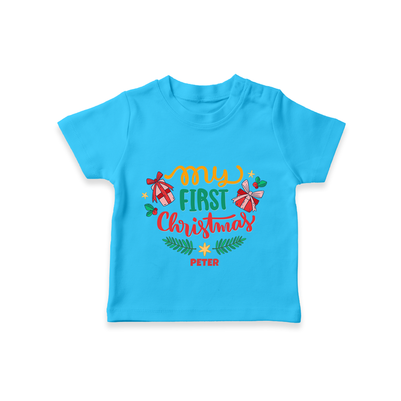 My First Christmas Themed Custom-Made  T-Shirt For Babies With Name  - SKY BLUE - 0-5 Months Old (Chest 17")