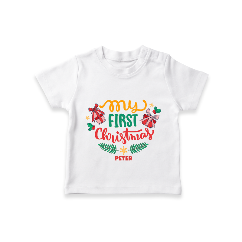 My First Christmas Themed Custom-Made  T-Shirt For Babies With Name  - WHITE - 0-5 Months Old (Chest 17")