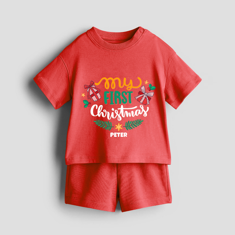 My First Christmas Themed Custom-Made  Co-ord Set For Kids With Name  - RED - 0-5 months old  (Chest 18")