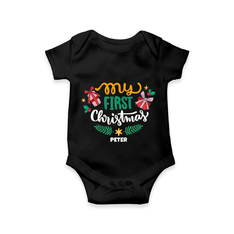 My First Christmas Themed Custom-Made  Romper For Babies With Name  - BLACK - 0 - 3 Months Old (Chest 16")