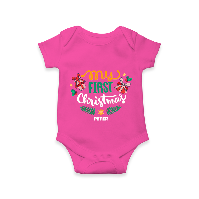 My First Christmas Themed Custom-Made  Romper For Babies With Name  - HOT PINK - 0 - 3 Months Old (Chest 16")