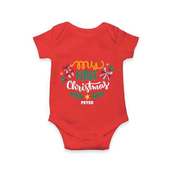 My First Christmas Themed Custom-Made  Romper For Babies With Name  - RED - 0 - 3 Months Old (Chest 16")