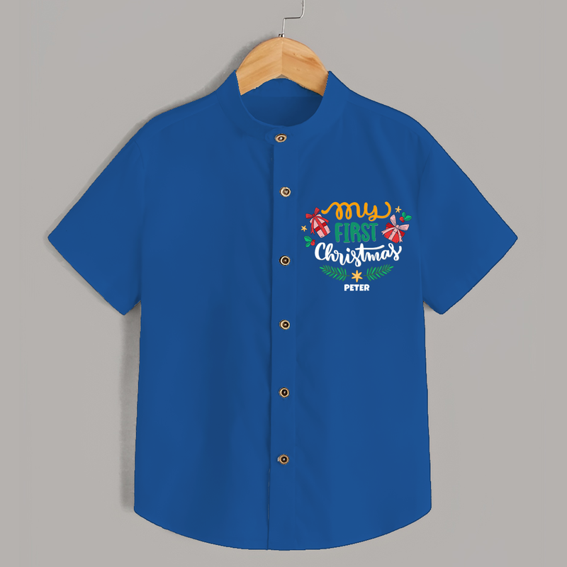 My First Christmas Themed Custom-Made  Shirt For Kids With Name  - COBALT BLUE - 0 - 6 Months Old (Chest 23")