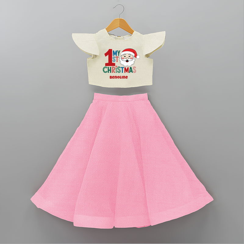 Celebrate 2024 Christmas With Our "My First Christmas" themed Customized Crop Top And Skirt With Name For Kids - PINK - 6 - 9 Months Old (Chest 20" , Frock Waist 20")