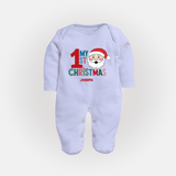 Celebrate 2024 Christmas With Our "My First Christmas" themed Customized Sleep Suit With Name For Babies - BABY BLUE - New Born (Chest 7.5")