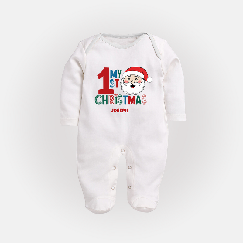 Celebrate 2024 Christmas With Our "My First Christmas" themed Customized Sleep Suit With Name For Babies - WHITE - New Born (Chest 7.5")