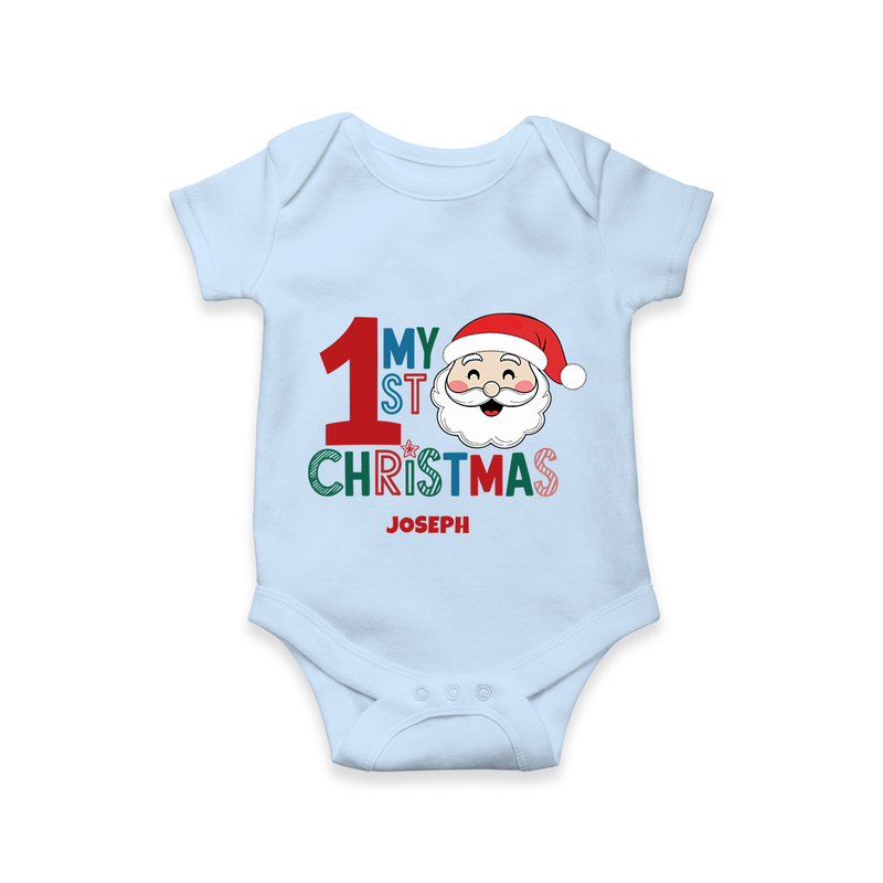 Celebrate 2024 Christmas With Our "My First Christmas" themed Customized Romper With Name For Babies - BABY BLUE - 0 - 3 Months Old (Chest 16")