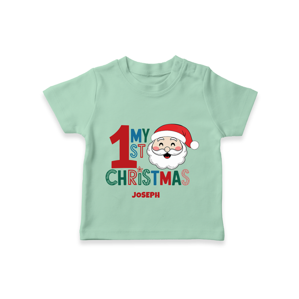 Celebrate 2024 Christmas With Our "My First Christmas" themed Customized T-Shirt With Name For Babies - MINT GREEN - 0-5 Months Old (Chest 17")