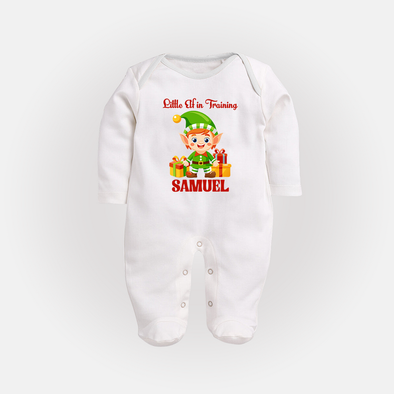 Little Elf in Training Sleep Suit / Full Sleeve BodySuit | Cute Holiday Baby Outfit - WHITE - New Born (Chest 7.5")