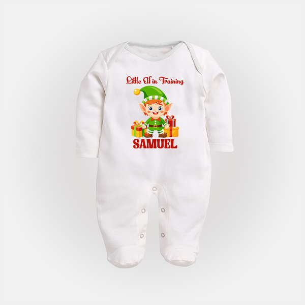 Little Elf in Training Sleep Suit / Full Sleeve BodySuit | Cute Holiday Baby Outfit - WHITE - New Born (Chest 7.5")