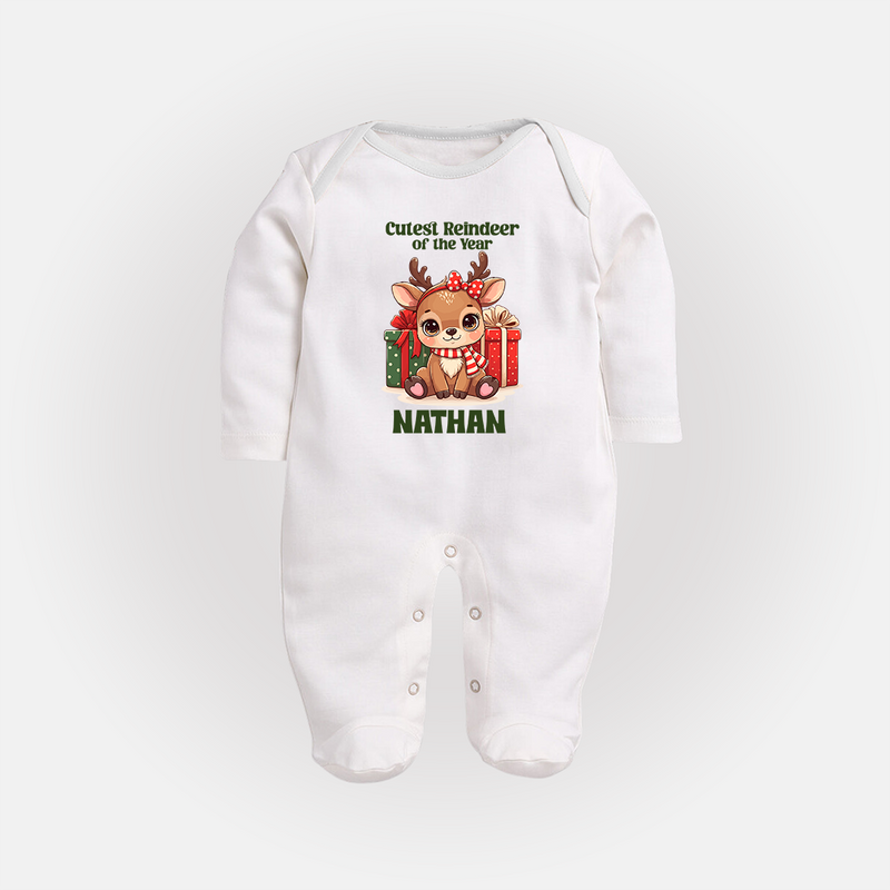 Cutest Reindeer of the Year Sleep Suit / Full Sleeve BodySuit | Personalized Christmas Baby Sleep Suit / Full Sleeve BodySuit - WHITE - New Born (Chest 7.5")