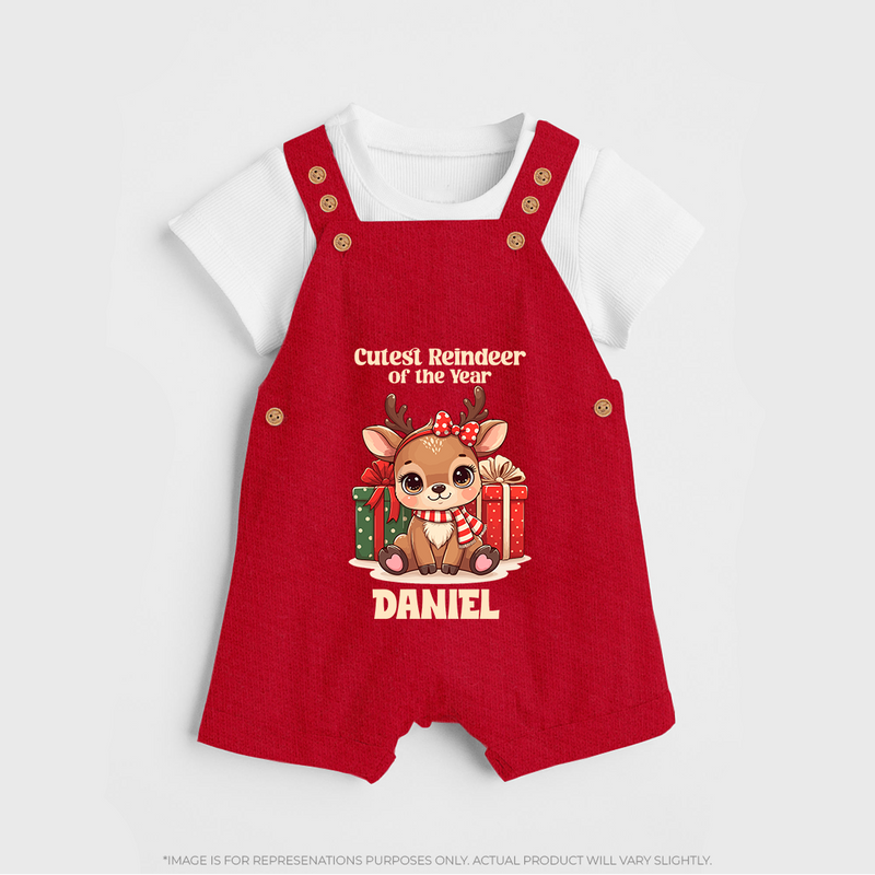 Cutest Reindeer of the Year Dungaree Set | Personalized Christmas Baby Dungaree Set - RED - 0 - 5 Months Old (Chest 18")