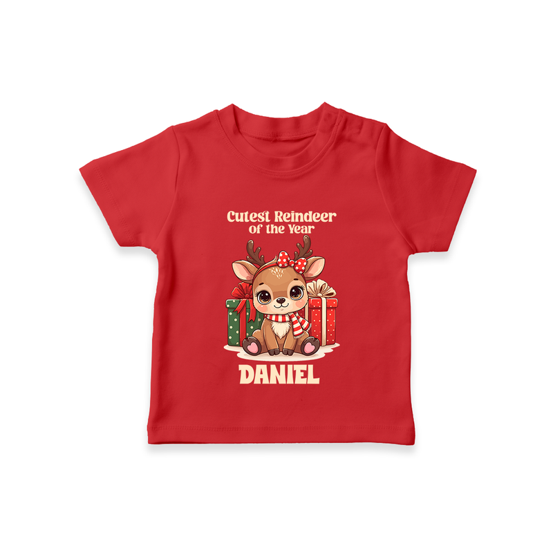 Cutest Reindeer of the Year T - Shirt | Personalized Christmas Baby T - Shirt - RED - 0-5 Months Old (Chest 17")