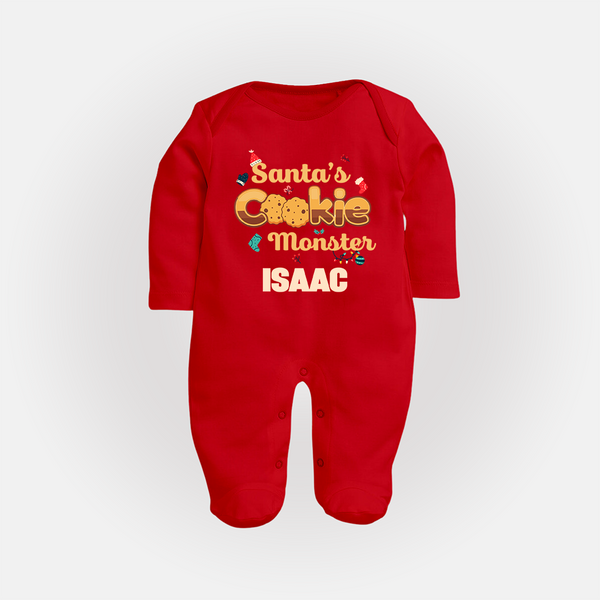 Santa's Cookie Monster Sleep Suit / Full Sleeve BodySuit | Personalized Baby Christmas Outfit - RED - New Born (Chest 7.5")