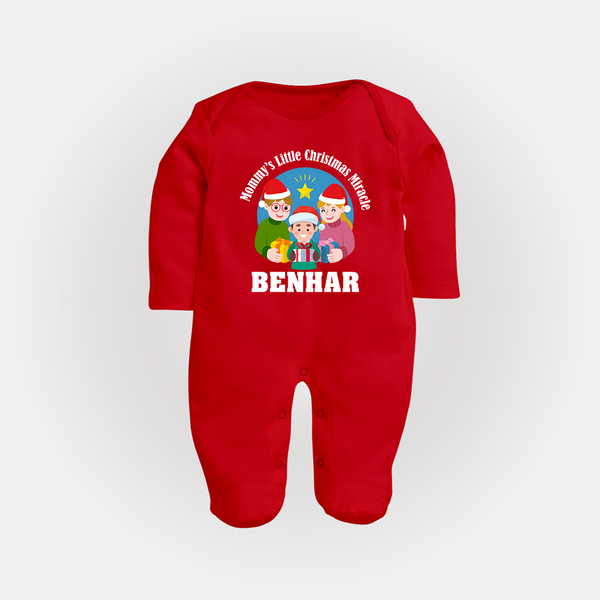 Mommy's Little Christmas Miracle Sleep Suit / Full Sleeve BodySuit for Boy | Personalized Festive Baby Sleep Suit / Full Sleeve BodySuit - RED - New Born (Chest 7.5")
