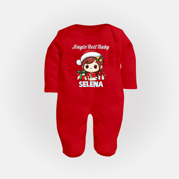Jingle Bell Baby Sleep Suit / Full Sleeve BodySuit  for Girl | Holiday Baby Outfit - RED - New Born (Chest 7.5")