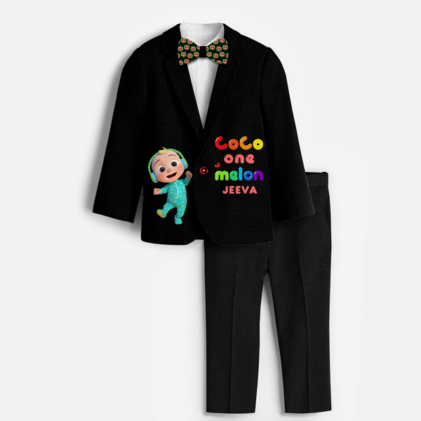 First Year Cocomelon Themed Customized Knitted Blazer With Name For Kids - BLACK - 1 Year Old (Blazer - Chest 23"/Pant Length 17"/Pant Waist 21")