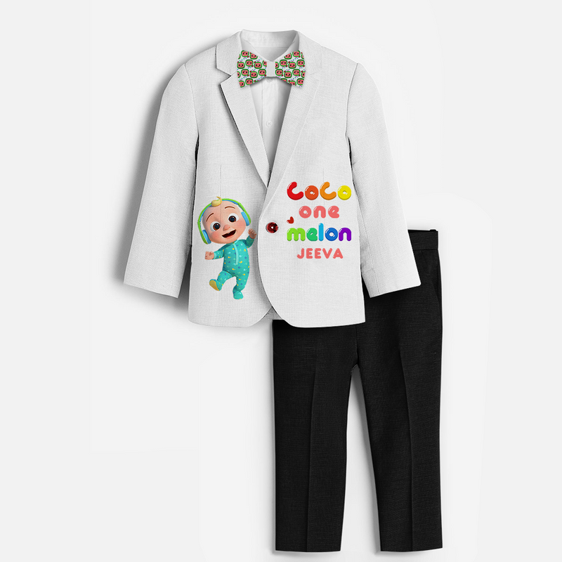 First Year Cocomelon Themed Customized Knitted Blazer With Name For Kids - WHITE - 1 Year Old (Blazer - Chest 23"/Pant Length 17"/Pant Waist 21")