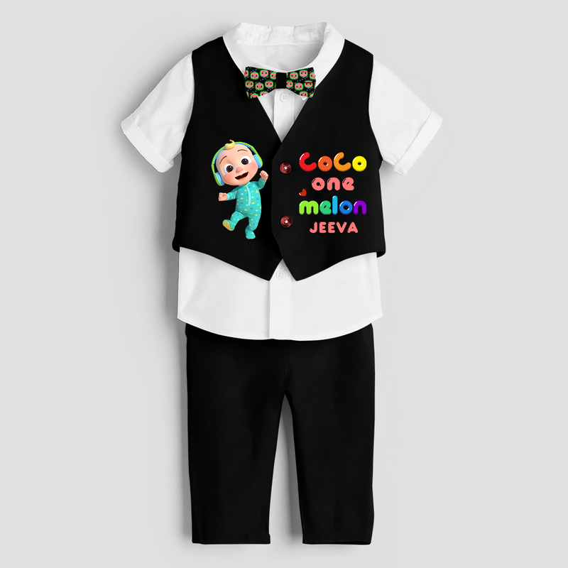 First Year Cocomelon Themed Customized Waist Coat With Name For Kids - BLACK - 1 Year Old (Waist Coat - Chest 22"/Pant Length 17"/Pant Waist 21")