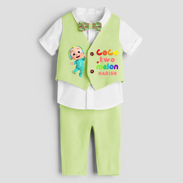 Second Year Cocomelon Themed Customized Waist Coat With Name For Kids - PASTEL GREEN - 1 Year Old (Waist Coat - Chest 22"/Pant Length 17"/Pant Waist 21")