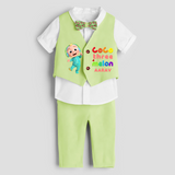 Third Year Cocomelon Themed Customized Waist Coat With Name For Kids - PASTEL GREEN - 1 Year Old (Waist Coat - Chest 22"/Pant Length 17"/Pant Waist 21")