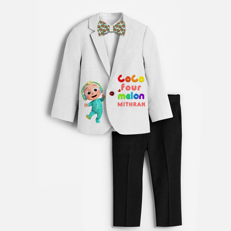 Fourth Year Cocomelon Themed Customized Knitted Blazer With Name For Kids - WHITE - 1 Year Old (Blazer - Chest 23"/Pant Length 17"/Pant Waist 21")