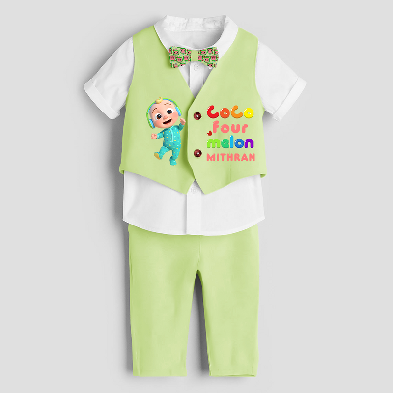 Fourth Year Cocomelon Themed Customized Waist Coat With Name For Kids - PASTEL GREEN - 1 Year Old (Waist Coat - Chest 22"/Pant Length 17"/Pant Waist 21")