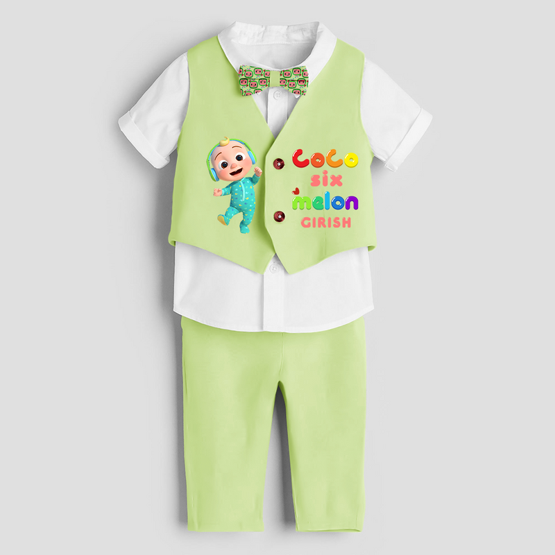 Sixth Year Cocomelon Themed Customized Waist Coat With Name For Kids - PASTEL GREEN - 1 Year Old (Waist Coat - Chest 22"/Pant Length 17"/Pant Waist 21")