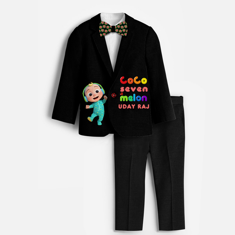 Seventh Year Cocomelon Themed Customized Knitted Blazer With Name For Kids - BLACK - 1 Year Old (Blazer - Chest 23"/Pant Length 17"/Pant Waist 21")