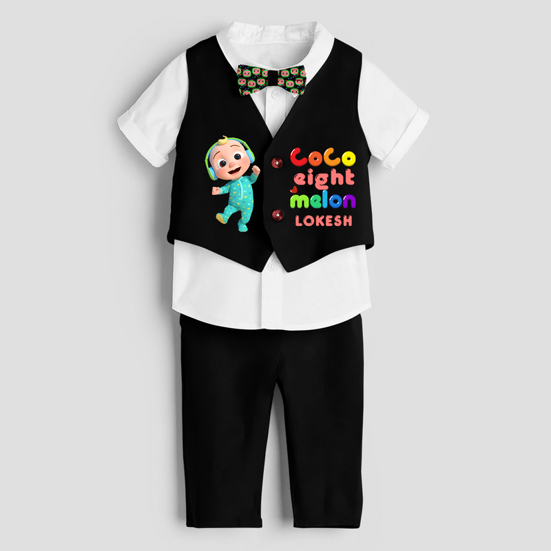 Eighth Year Cocomelon Themed Customized Waist Coat With Name For Kids - BLACK - 1 Year Old (Waist Coat - Chest 22"/Pant Length 17"/Pant Waist 21")