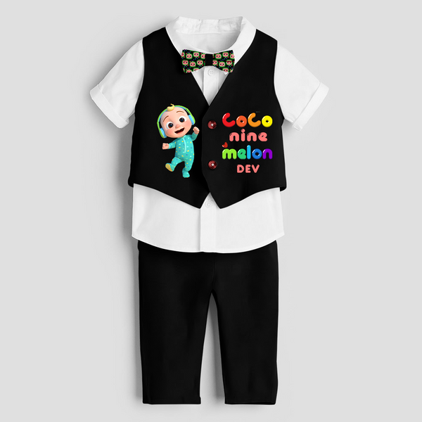 Ninth Year Cocomelon Themed Customized Waist Coat With Name For Kids - BLACK - 1 Year Old (Waist Coat - Chest 22"/Pant Length 17"/Pant Waist 21")